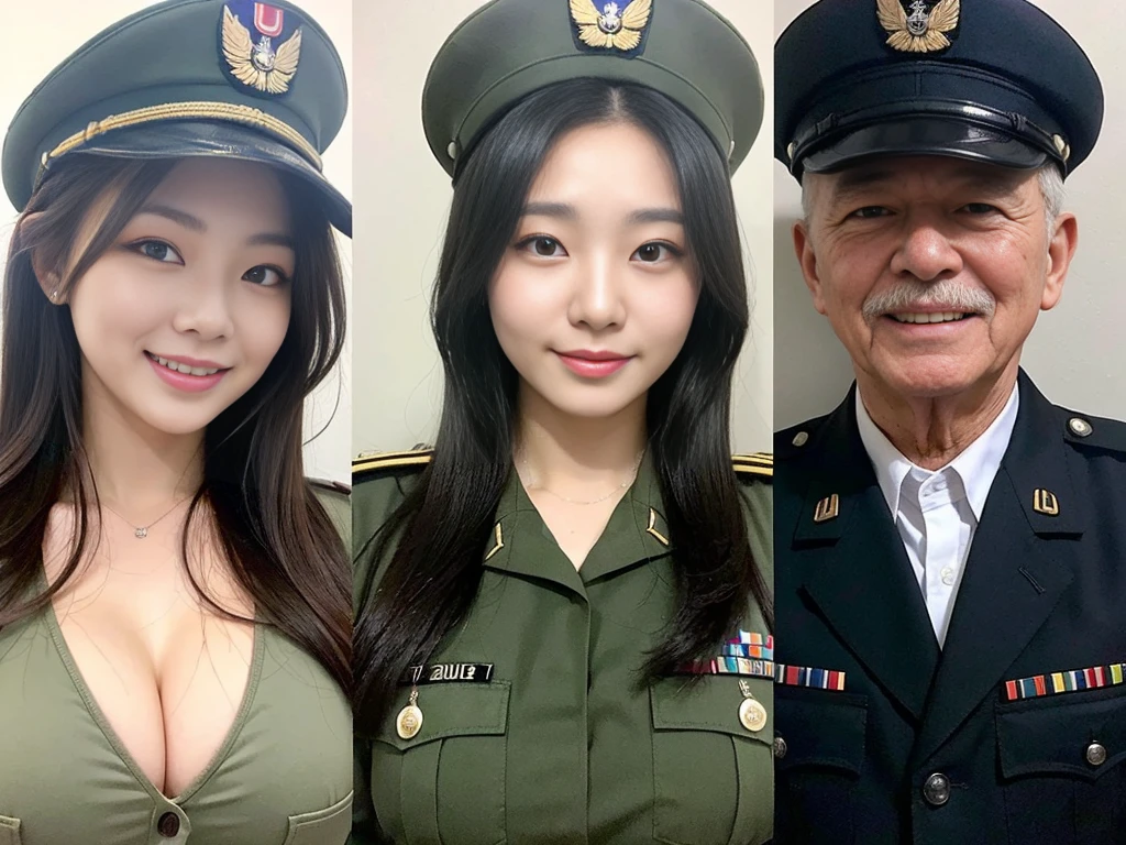 (A cute and beautiful Korean female soldier poses for a commemorative photo with her friendly elderly and male soldiers.:1.3)(Grinning expression:1.2)(20-year-old:1.3)(Huge , There is cleavage in the chest:1.2),(Sweating profusely)(Huge boobs)(Elegant, shiny, long black hair:1.2))(8k, RAW Photos, Highest quality, masterpiece: 1.2),High-resolution RAW color photos, Professional photos, Very detailed and beautiful,(she&#39;She&#39;s very skinny but has big breasts:1.4), Small face:1.Perfect anatomical figure、(Huge breasts that make your clothes burst: 0.9) (Huge胸 :1.4)(Classy makeup,eyeliner/eye shadow,lipstick,Fair skin,Beautiful Skin)(Full body photo:1.1)(Shiny Hair:12)(lipstick:1.1)(uniform:1.2)(Sexy Korean Woman:1.2)(sister:1.1))(Women&#39;s Army Group Photo:1.3)(All beautiful girls:1.2)Military facilities,