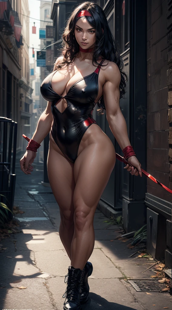 1girl, big breasts, small waist, wide hips, thick thighs, muscular legs, long curly hair, black hair, wearing ((red leotard and red headband)), ninja, dynamic pose, character based on marvel's 'Elektra', full body looking at the viewer, (very detailed eyes), (extremely detailed 8k CG wallpaper), (extremely delicate and beautiful), (masterpiece), (best quality: 1.0), (ultra high resolution: 1.0), beautiful lighting, perfect lighting, realistic shadows, [high resolution ], detailed skin, ((skin texture)), super detailed