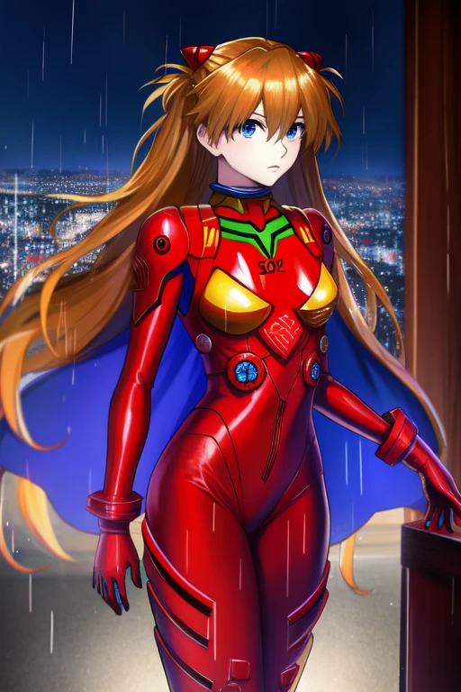 Asuka Langley ,masterpiece, best quality,,city,cyperpunk,night,rain,moon, cape, cloak