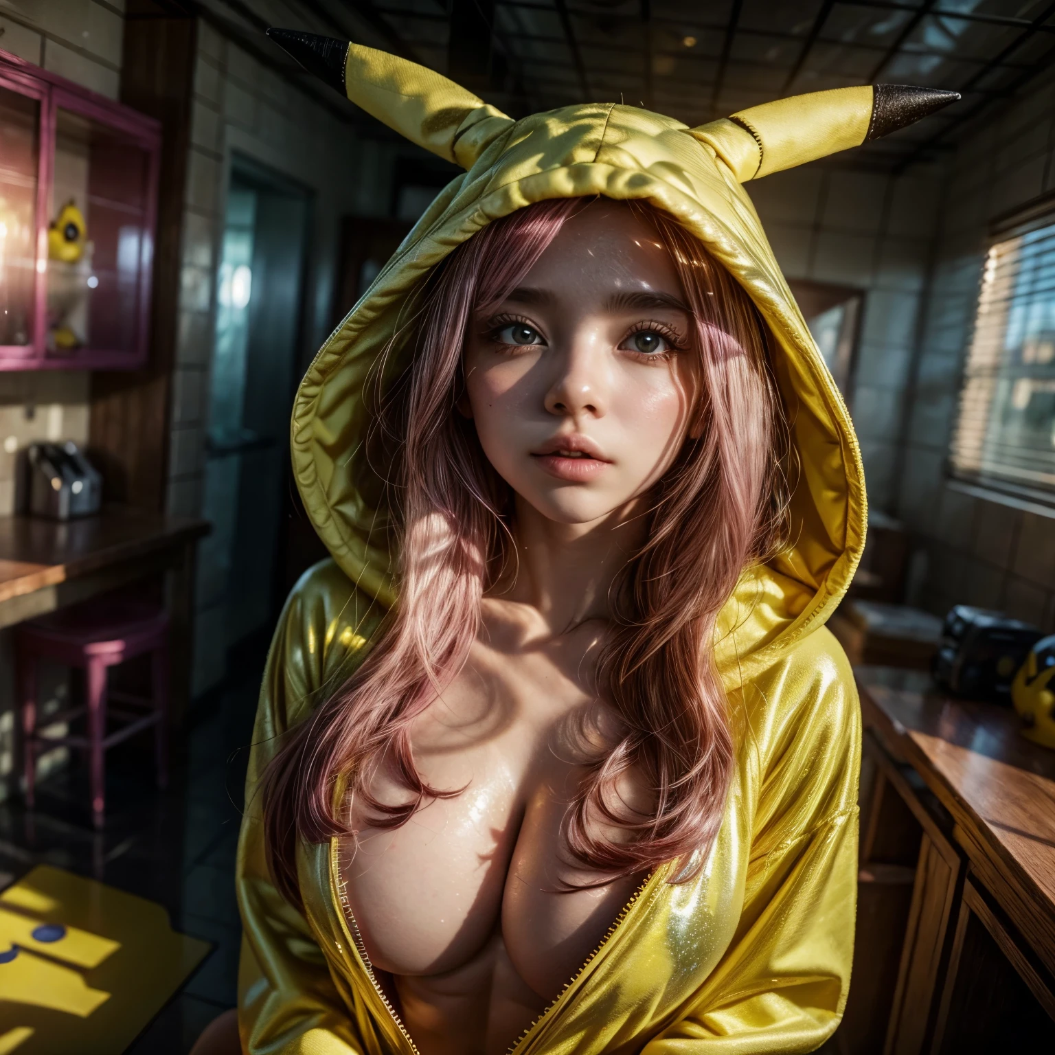 (awaitingtongue-sd-v1-800:1.1), a beautiful Pink hair gamer girl, beautiful detailed Blue eyes with (Sparkling Highlights:1.28), beautiful detailed lips,extremely detailed eyes and face,longeyelashes,in a (((Yellow Pikachu hoodie))),(Professional photo from above:1.37), Huge breasts (Overflowing Gigantic cleavage:1.28) close up down blouse, awaitingtongue, (perfect lighting) navel, Radiant PearlSkin with Transparency