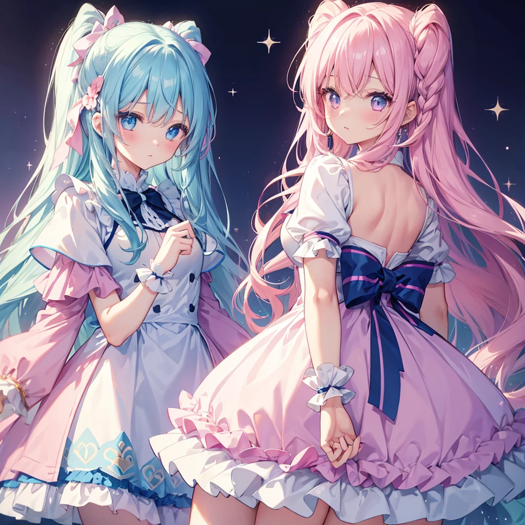 2 girls, Sparkling、Long hair and frilly clothes、ribbon、Big breasted magical girl、cute、cute、Pastel pink light blue