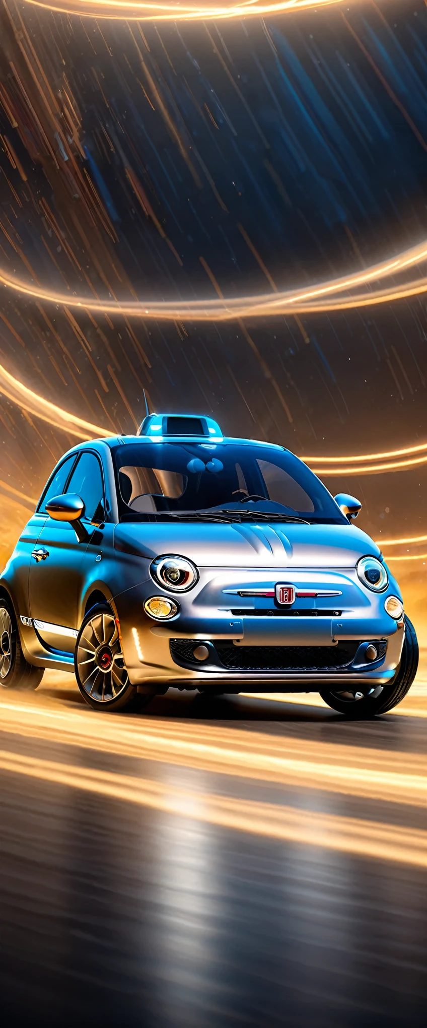 masterpiece,Highest quality,(Ultra Detailed CG Unity 8k Wallpaper),(Highest quality),(Best illustrations),(Best Shadow),Physical Rendering,Realistic lighting,Beautiful sparkle,Ultra-fine painting,Narrow your focus,(A time machine modified from a matte metallic silver Fiat 500:1.6),(Detailed depiction of a car-type time machine:1.3),(Cut through space-time at breakneck speed and transcend time:1.6),(Depicting a sense of speed:1.6),(The background depicts the effect of crossing time and space.:1.6),(dynamic),(Retro-future),(sf),(composed of elements of thunder,thunder,electricity)