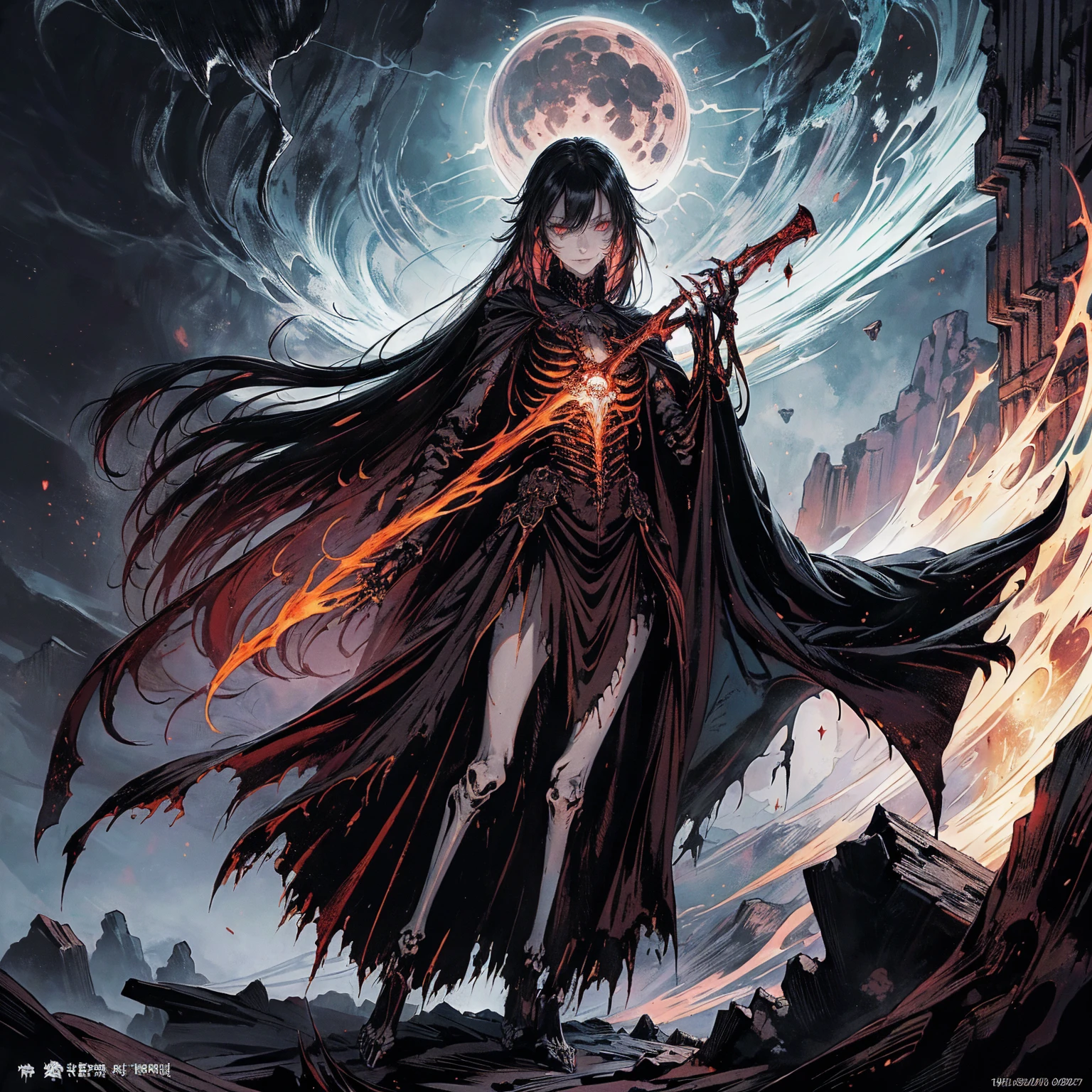 Black Hair动漫人物, Detailed cover design, Anime epic artwork, detailed key anime art, Be focused, dark fantasy artwork, Anime Fantasy Artwork, Official artwork with high detail, Dark Witch Panorama, Lich Vecna (d&d), (full body shot:1.5), (Wide-angle lens:1.2), best quality, 4K, high resolution, (masterpiece:1.2), Very detailed, (current:1.37), (Anatomically correct:1.2), Mood lighting, Undead girl in a long cloak, Black Hair, Whole body including hands & arms & leg & The feet are full of skeleton bones,Except for the head,Still a beautiful face, Wearing a tattered gothic skirt, A sense of alienation, Dangerous sneer, Smiling and crying, Facing the camera, Pitch black sky, Blood red moon, strange atmosphere, Gothic style, Unforgettable beauty, Dramatic shadows, Ethereal Light, Mysterious atmosphere, Resurrection from the grave, The Black Magic, Dead, Dark Force (StarWar), Force lightning radiates from fingertips.