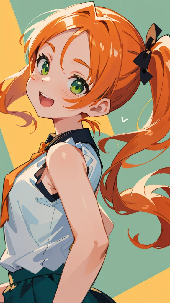 masterpiece、Highest quality、1 girl、anime painting、Orange Hair、Beautiful green eyes、Side Ponytail、Sleeveless shirt、Black Skirt、Upper body close-up、From the side、Laughing with your mouth open、Cinema Lighting、Sharp contours