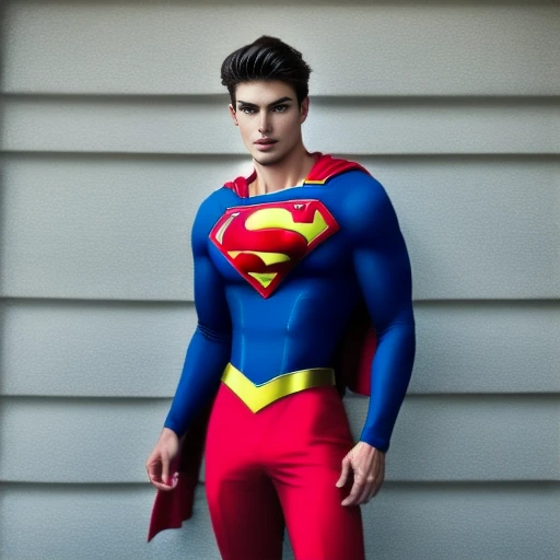 Supergirl suit, ager, cool handsome young handsome man, erect, red face, shy