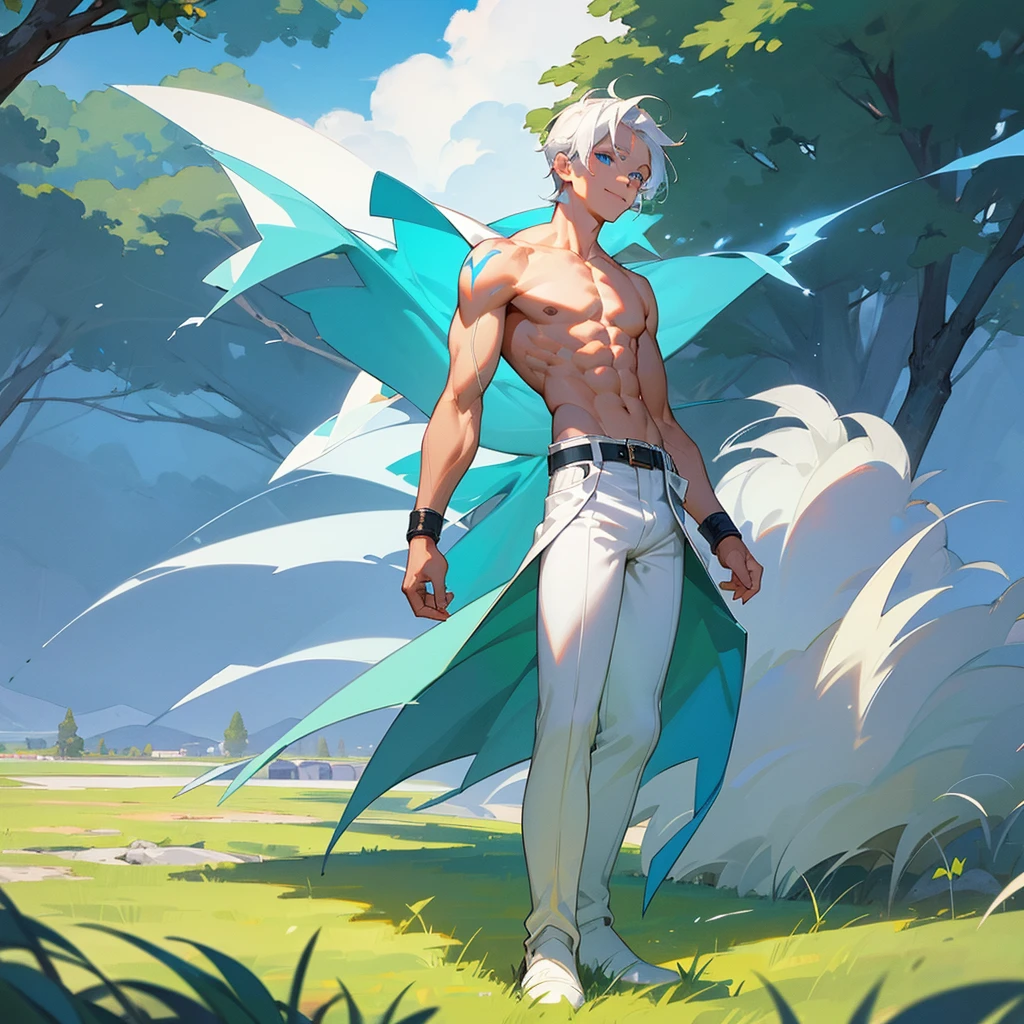 A beautiful boy with blue eyes, white hair and a beautiful smile, lightning power, blue tattoos on torso and hands, shirtless, athletic body, wide white pants, belt with accessories, White boots, standing on green grass, around a meadow with trees and in the distance mountains, all well detailed and with quality