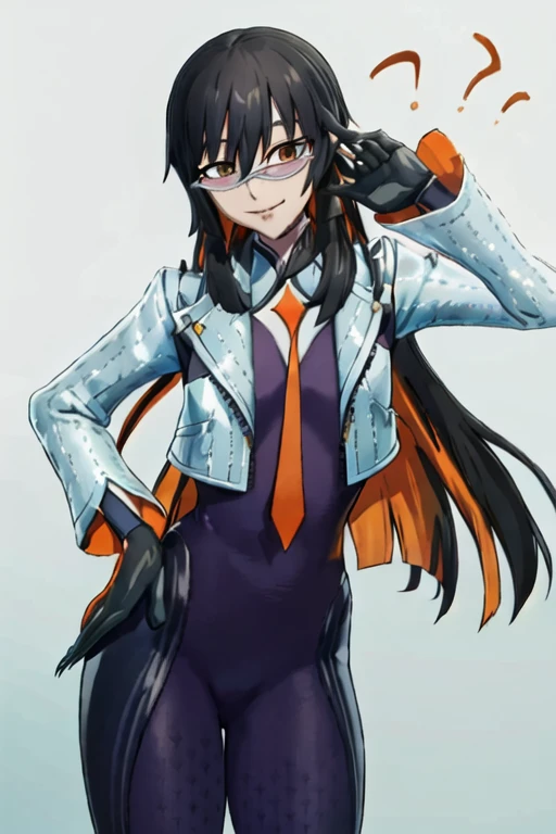 Daraku, Alone, 1girl, glasses, jacket, bodysuit, orange tie, long hair, gloves, smile, best quality, masterpiece 