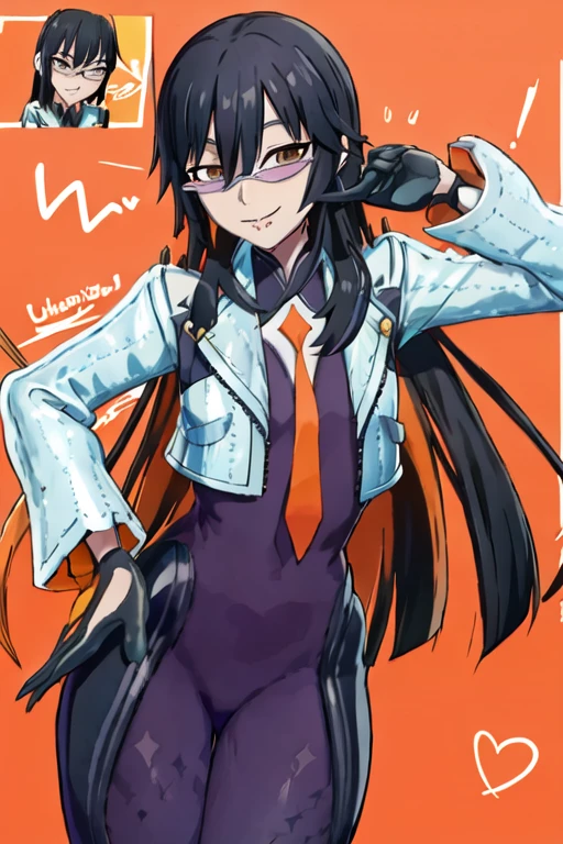 Daraku, Alone, 1girl, glasses, jacket, bodysuit, orange tie, long hair, gloves, smile, best quality, masterpiece 