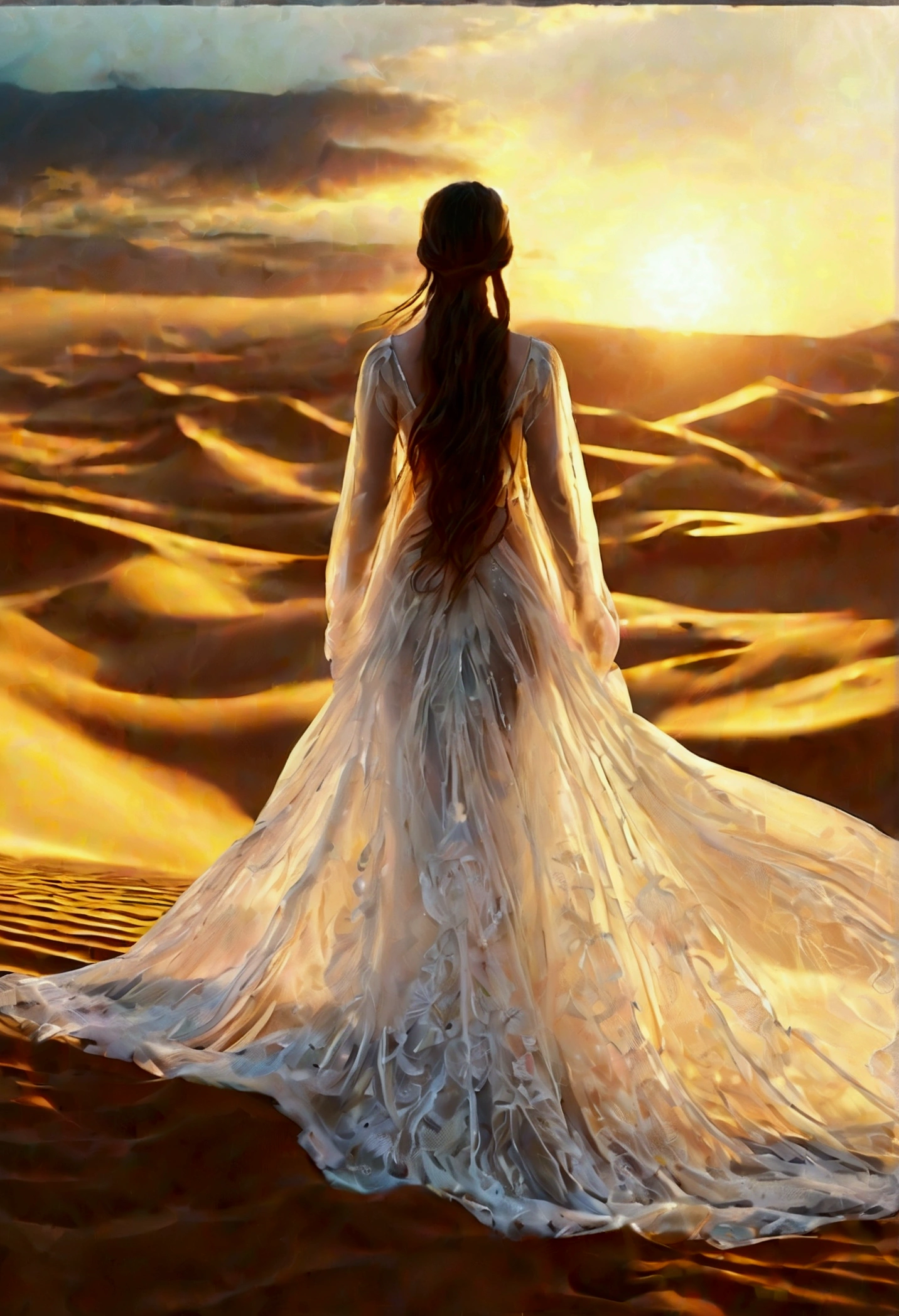 stunning female model posing in a vast desert landscape, wearing a flowing white dress with delicate embroidery. The dress billows around her in the desert breeze, creating a sense of movement and grace. She stands on a dune, her arms raised above her head, creating a striking silhouette against the golden sand. The sun is low in the sky, casting long shadows and a warm, golden light over the scene. The vast expanse of sand dunes stretches out behind her, creating a dramatic and mystical setting. [Hyperrealistic, cinematic photography, high depth of field, ultra-detailed, 4K resolution