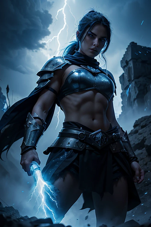 angry evil beautiful and muscular, Nordic female, towering storm Giantess with blue black hair in a ponytail, older and mature woman, throwing a lightning ball, glowing tattoos, wearing steel runic plate mail Armour , temple cave background with lightning storm, glowing blue eyes, square jaw, powerful and imposing, winter clothing