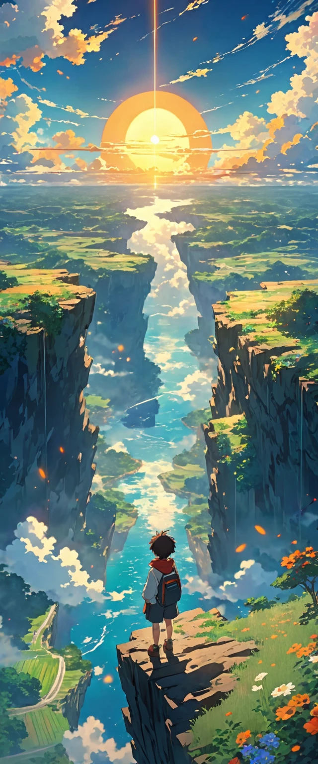 anime,8k sun a boy on the edge of an abyss watching the sky