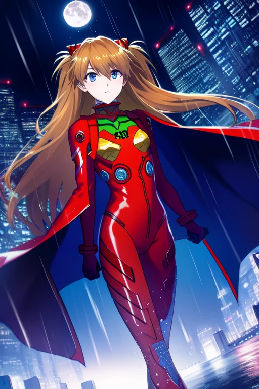 Asuka Langley ,masterpiece, best quality,,city,cyperpunk,night,rain,moon, cape, cloak