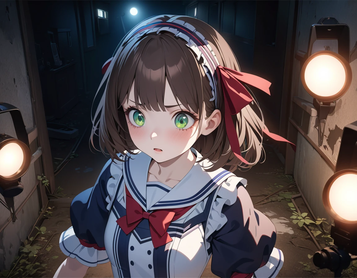 (Highest quality,4K,High resolution),Very detailed,Realistic,Portraiture, Japanese , Looks scared, Green Eyes, Long brown hair,Anime Style,Futuristic, Frutiger Aero Aesthetics, Ecomodernism, Bokeh, Ribbon Headband,Small breasts,Futuristic sailor lolita dress,Puff sleeves,White and blue,Colorful lighting, Red ribbon, Dark blue pantyhose,sports boots, Have a flashlight, Walking alone through a haunted abandoned house, At night, Low light, darkness, Very detailed, 4K.