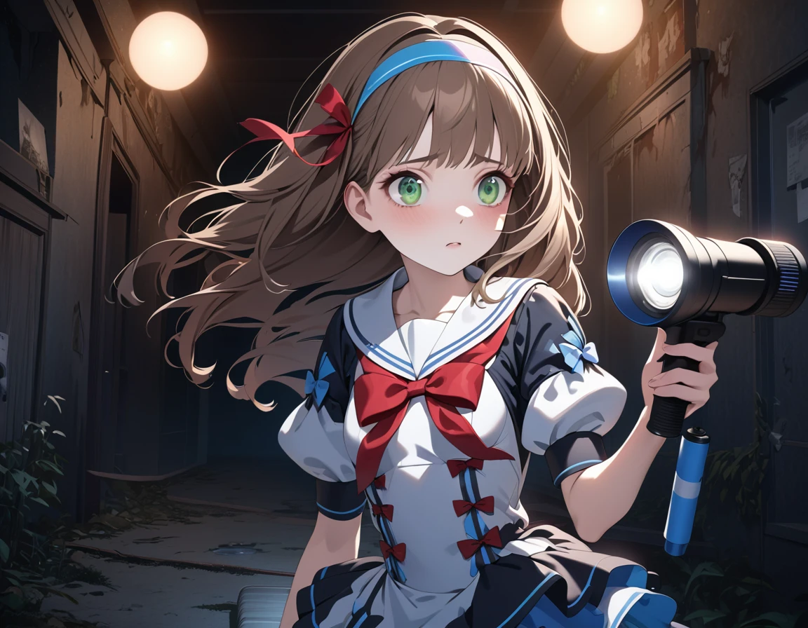 (Highest quality,4K,High resolution),Very detailed,Realistic,Portraiture, Japanese , Looks scared, Green Eyes, Long brown hair,Anime Style,Futuristic, Frutiger Aero Aesthetics, Ecomodernism, Bokeh, Ribbon Headband,Small breasts,Futuristic sailor lolita dress,Puff sleeves,White and blue,Colorful lighting, Red ribbon, Dark blue pantyhose,sports boots, Have a flashlight, Walking alone through a haunted abandoned house, At night, Low light, darkness, Very detailed, 4K.