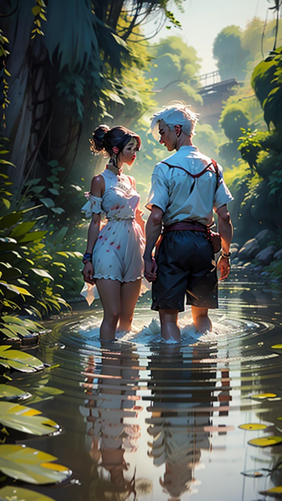 A couple is bathing in the river. It is evening. The couple is wearing short clothes. anime art