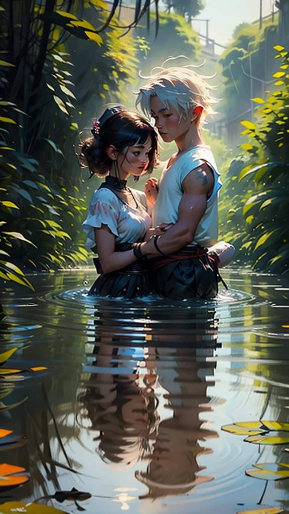 A couple is bathing in the river. It is evening. The couple is wearing short clothes. anime art