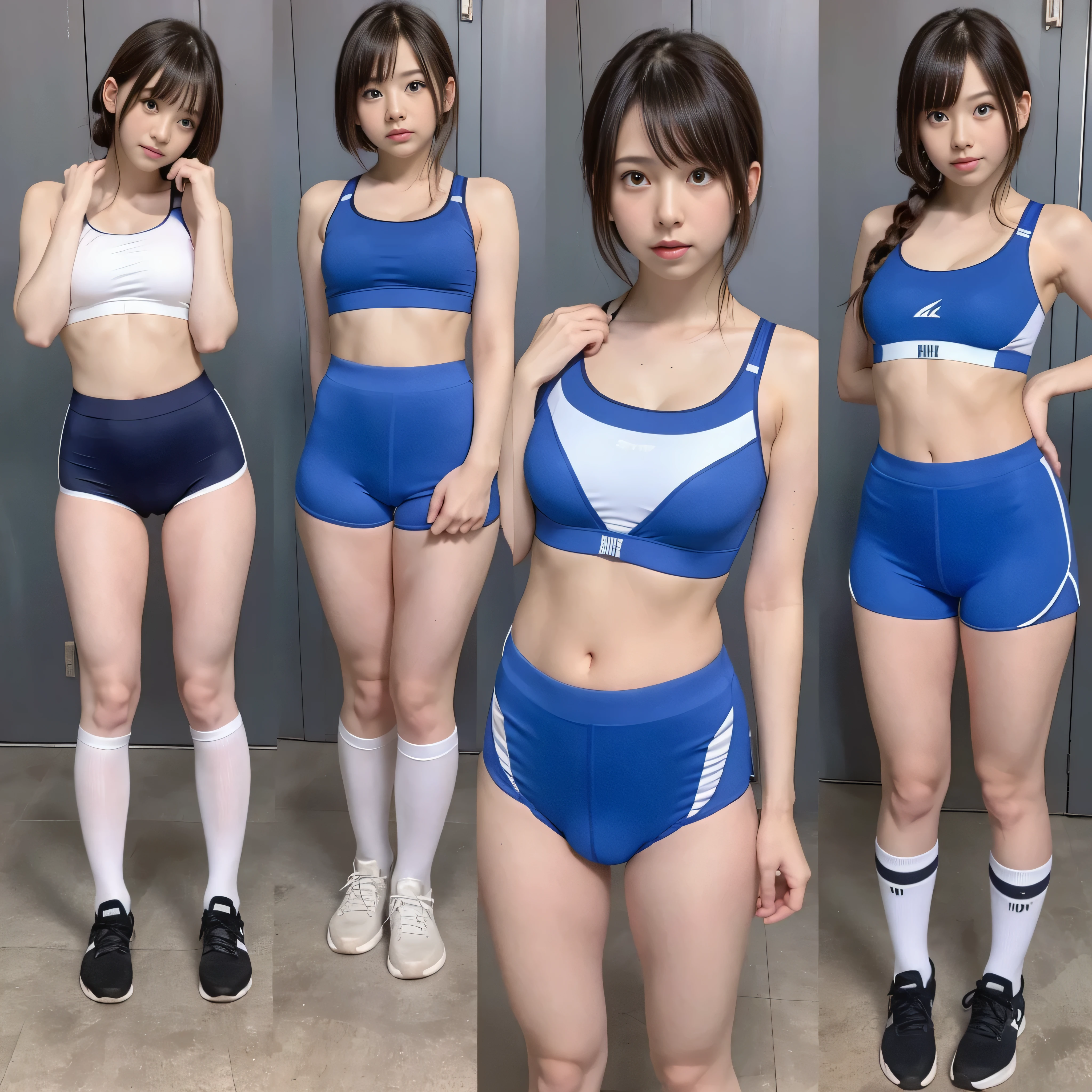 age Japanese Girl, Sports bra, Bloomers made by Capital Ace、Bloomers made by CAPITAL ACE、Cobalt Blue Bloomers, bloomers, pointy big breasts, very small nipples, Sandy bloomers、Thin legs,Long white socks ,Embarrassed face, open small, View from below、Dirty full body view、Small buttocks with rough skin