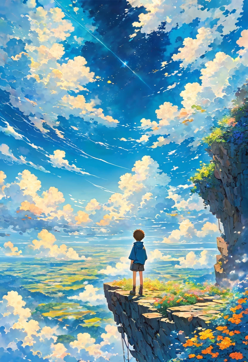 anime a boy on the edge of an abyss watching the sky