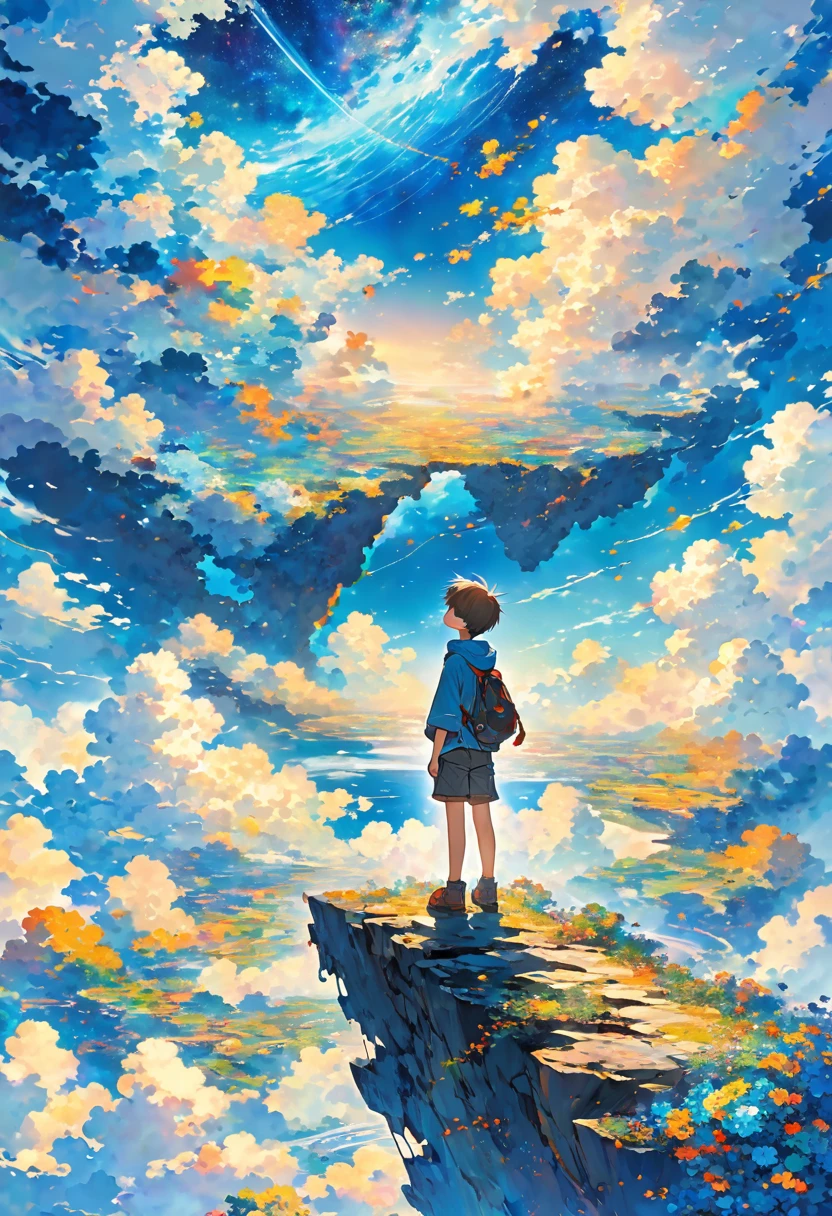anime a boy on the edge of an abyss watching the sky