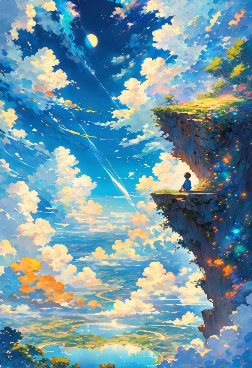 anime a boy on the edge of an abyss watching the sky