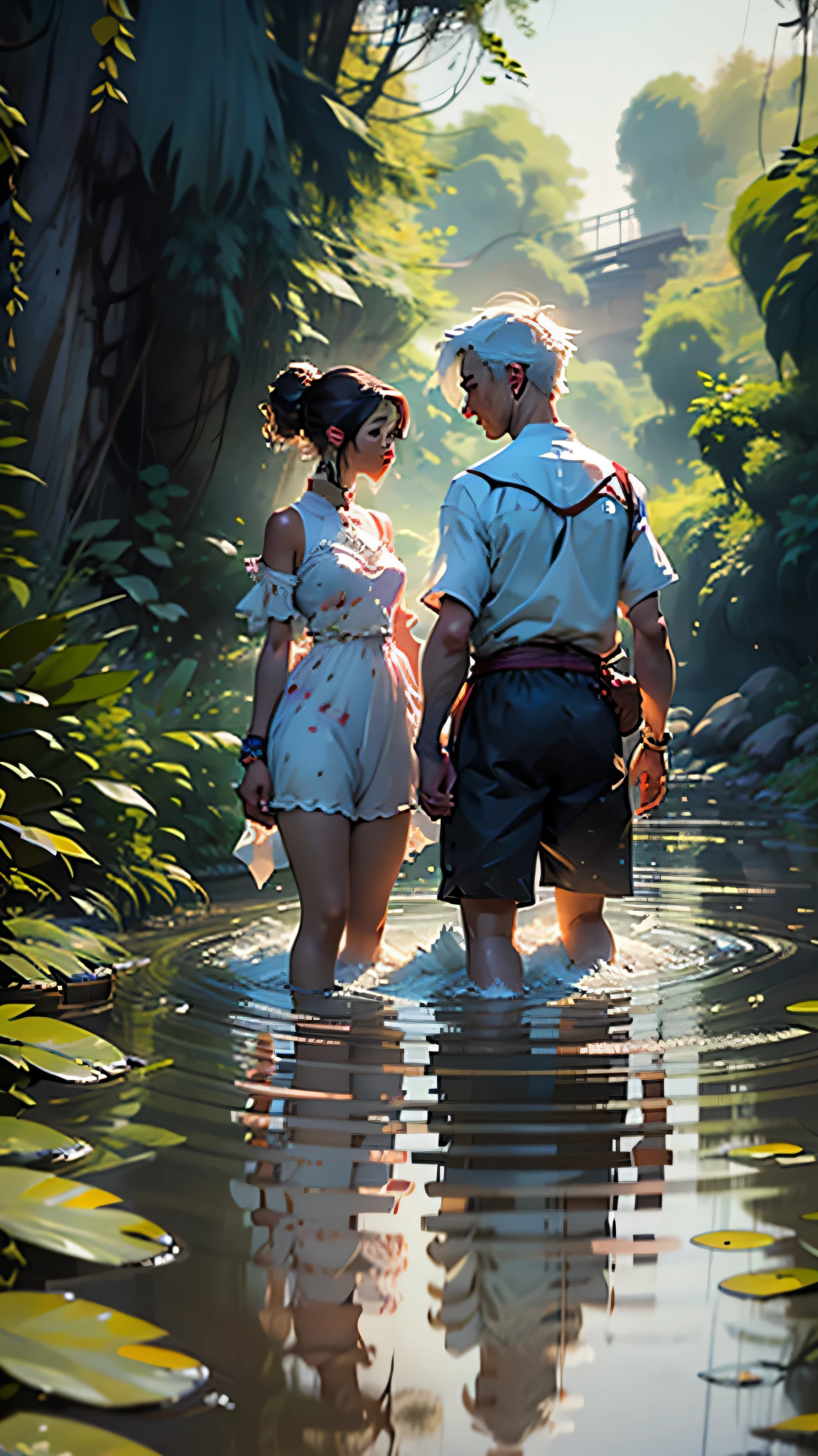 A couple is bathing in the river. It is evening. The couple is wearing short clothes. anime art