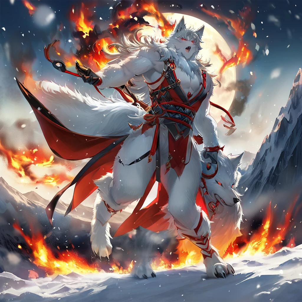 A wolf with black fire all over its body Howling at the moon The background is a full moon Pure white fur The whole body of the wolf Fire is burning A lone wolf in a snowy mountain White face Red eyes, 