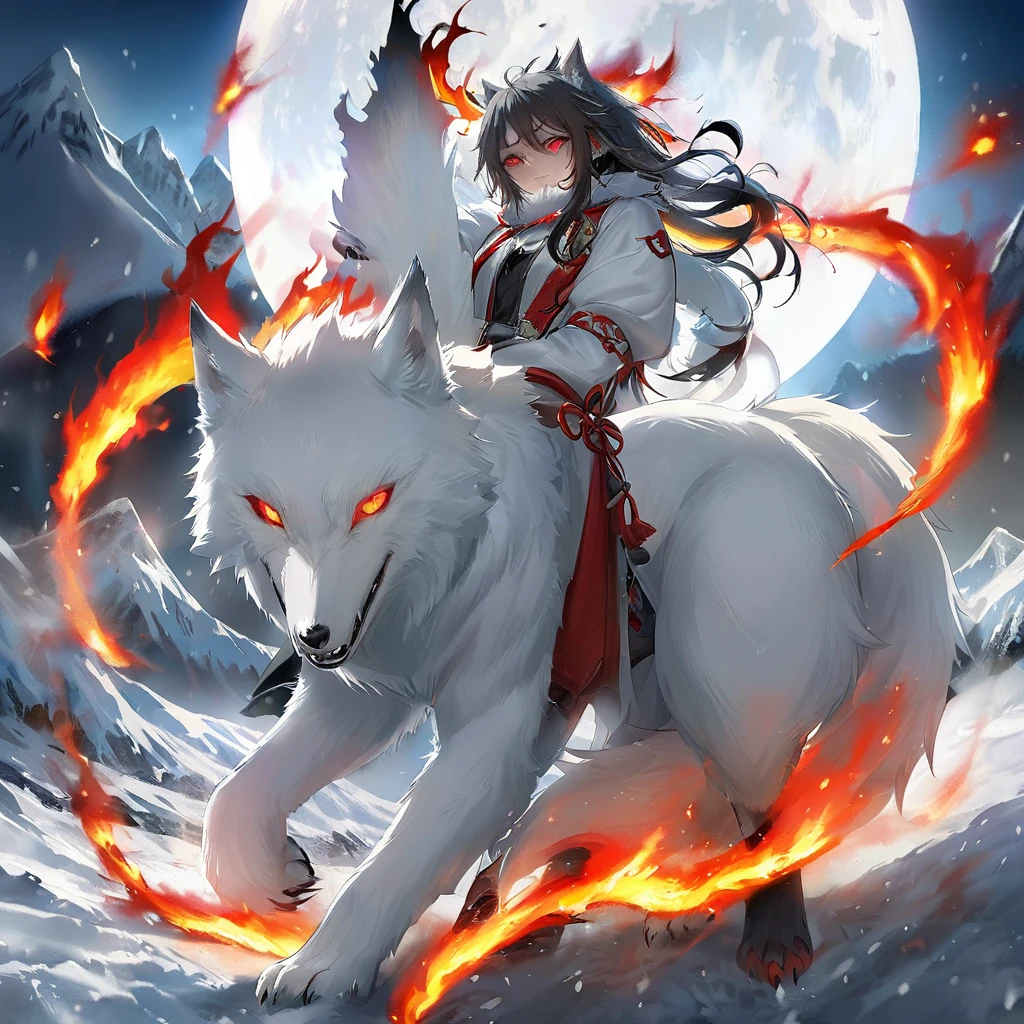 A wolf with black fire all over its body Howling at the moon The background is a full moon Pure white fur The whole body of the wolf Fire is burning A lone wolf in a snowy mountain White face Red eyes,