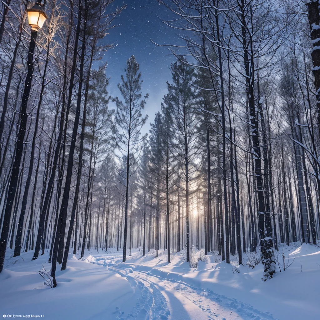 Winter forest in the evening, photorealism, lantern light, snow falling, 4k, beautiful, ISO 100, realistic, winter forest