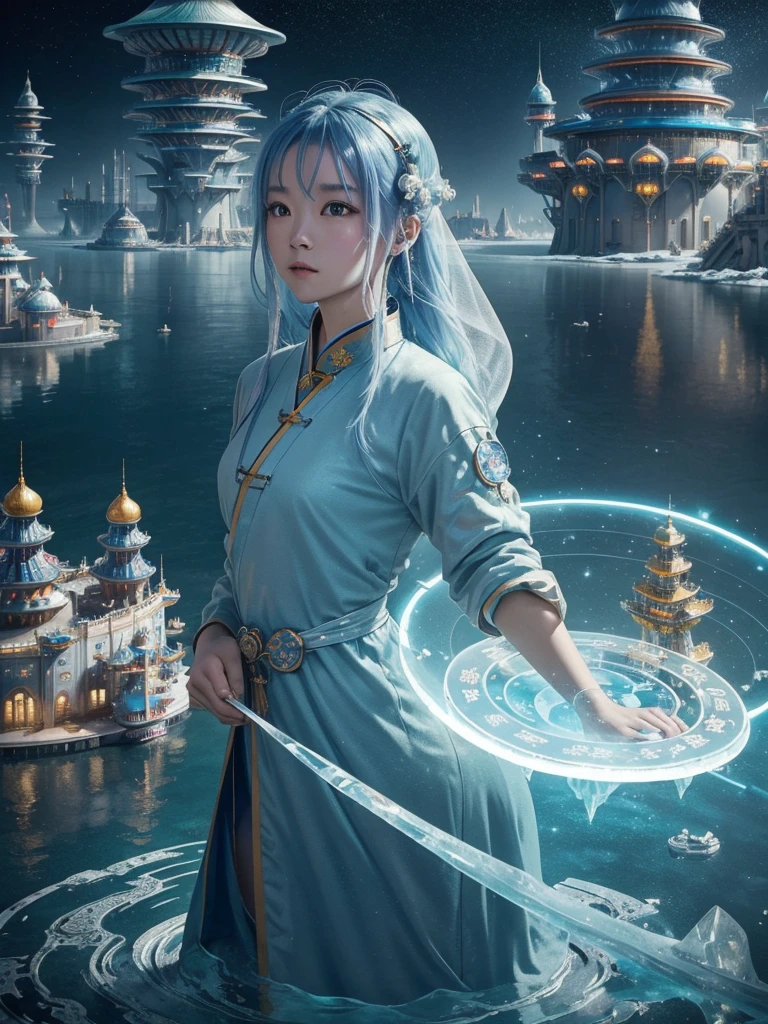 ((best quality)) , ((masterpiece)) , (detailed),Color splash, Ghostly Astronaut (Li Gong:1.3) , wearing Shabby Chic Wrap dress, has metallic plating, Colored hair, Fossil fuel power station in background,beautiful detailed glow, detailed ice, beautiful detailed water, (magic circle:1.2), (floating palaces:1.3)