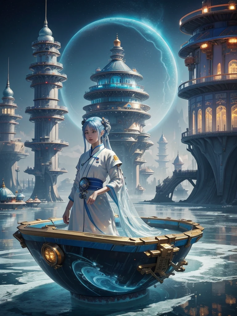 ((best quality)) , ((masterpiece)) , (detailed)，Color splash, Ghostly Astronaut (Li Gong:1.3) , wearing Shabby Chic Wrap dress, has metallic plating, Colored hair, Fossil fuel power station in background,beautiful detailed glow, detailed ice, beautiful detailed water, (magic circle:1.2), (floating palaces:1.3)