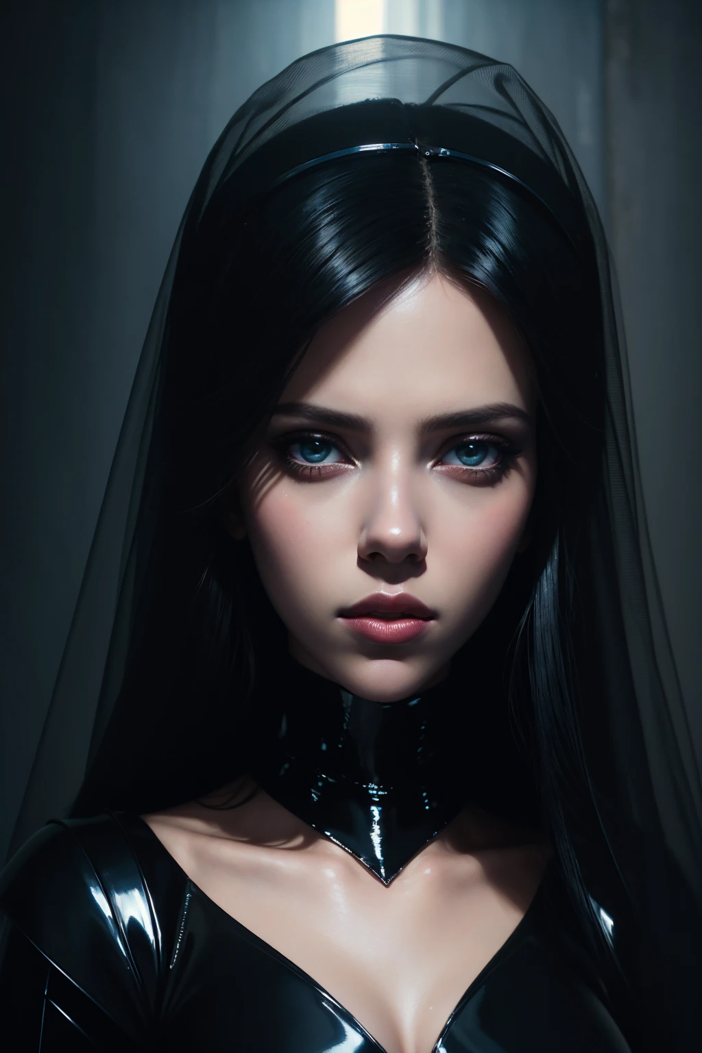 36k, portrait of Scarlett Johansson wearing black pvc veil bride, cinematic lighting, soft bokeh, fantasy, modern, colourful, highly detailed, digital painting, artstation, deviantart, concept art, sharp focus, illustration, by edward hopper and rene magritte and alphonse mucha