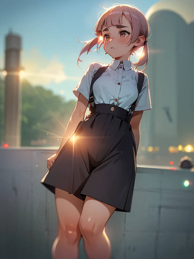 (Sumilux f1.4 50mm , low Latitude old color negative film , cross process , bokeh, flare, chromatic aberration , soft focus, (Shallow focus) , soft glow , Maximum aperture, high Key , Transparent depiction) , hentai anime style , innocent erotica , girl , (Thick thighs) , (Wide pelvis:0.8), (Short stature) , (blunt bangs , Pixie Cut , Twin tail hairstyle ) , (round maro eyebrows:1.2) , (Baggy short Culottes) , suspenders , twin melons , Itchy groin , (Crotch stain) , Holding in the pee , A little bit came out , (The button is off) , The button pops off