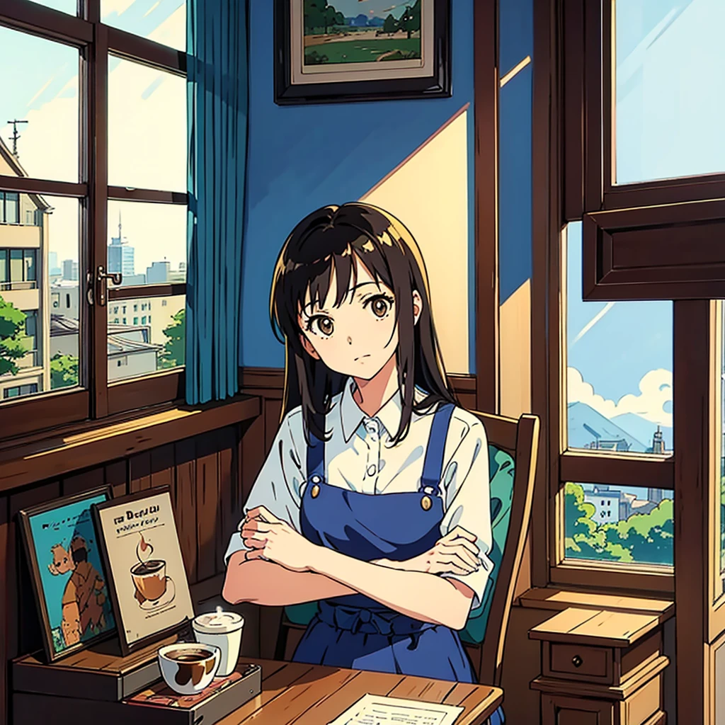 Room with records Vintage Nostalgic Woman sitting by the window Coffee Simple Anime illustration