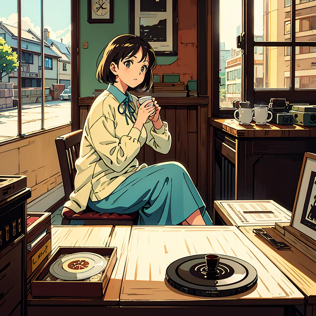 Room with records Vintage Nostalgic Woman sitting by the window Coffee Simple Anime illustration