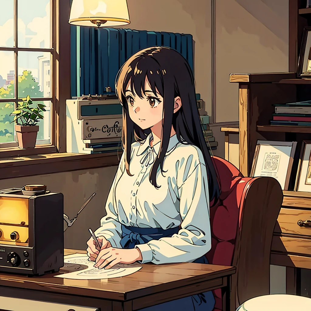 Room with records Vintage Nostalgic Woman sitting by the window Coffee Simple Anime illustration