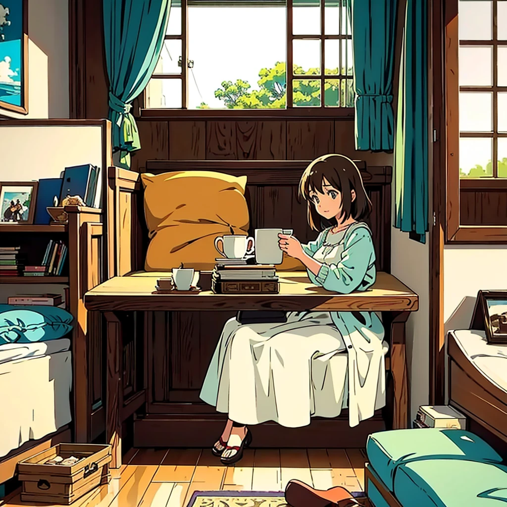 Room with records Vintage Nostalgic Woman sitting by the window Coffee Simple Anime illustration