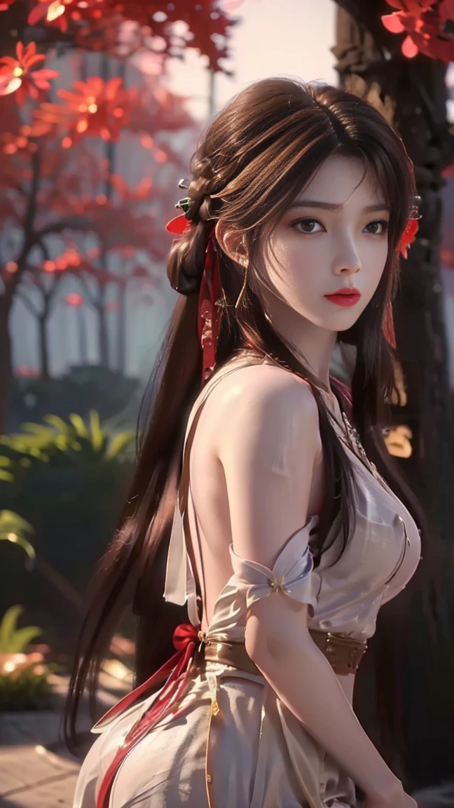 1girl,looking back over shoulder,parted bangs, long hair, hair strand, shiny hair, hair ribbon, head wreath, longeyelashes, parted lips, light brown hair, depth of field, cinematic lighting, from below, panorama, UHD, masterpiece, textured skin,Dress, backless, new Chinese style, red and white, silk