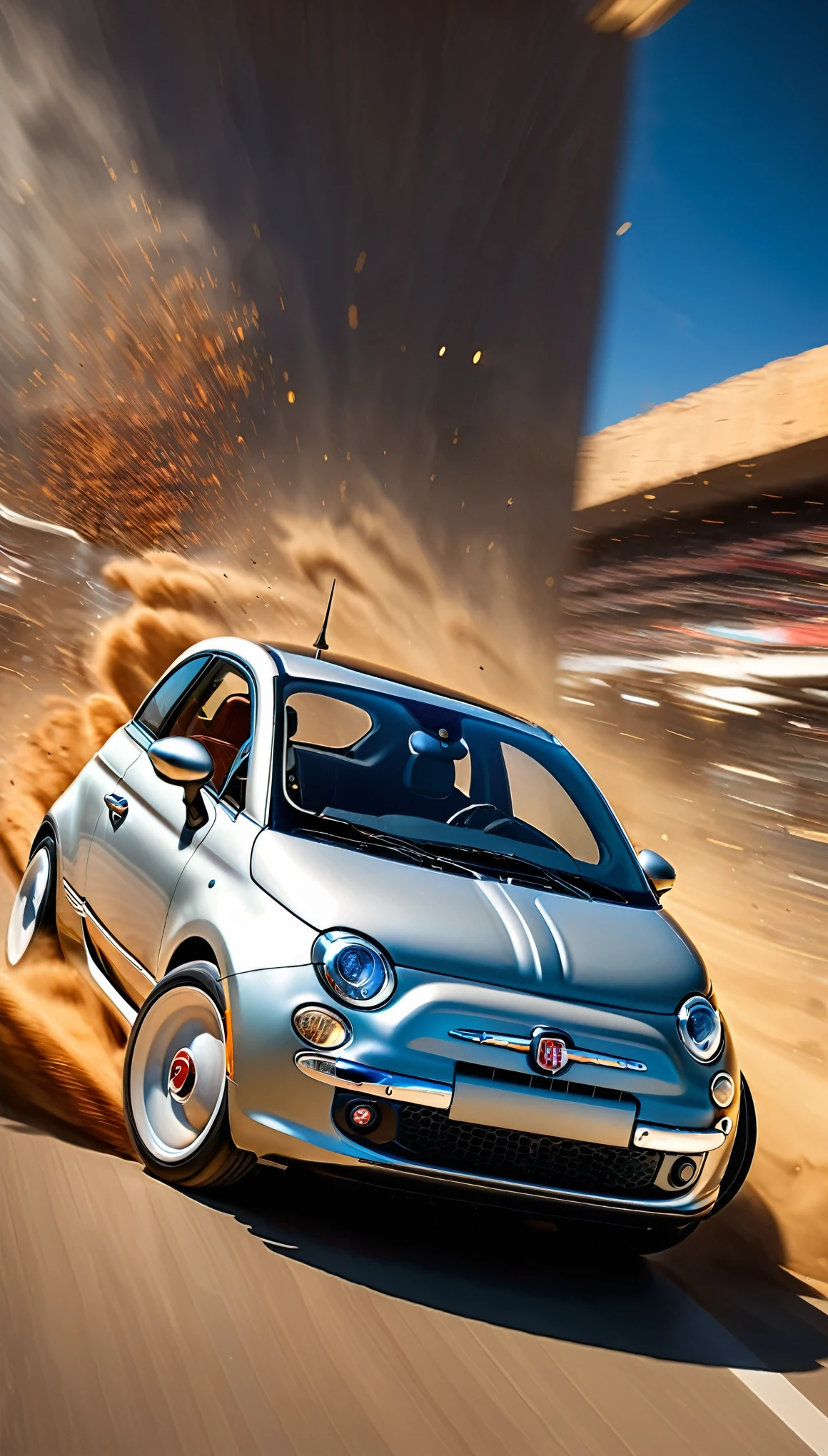 masterpiece,Highest quality,(Ultra Detailed CG Unity 8k Wallpaper),(Highest quality),(Best illustrations),(Best Shadow),Physical Rendering,Realistic lighting,Beautiful sparkle,Ultra-fine painting,Narrow your focus,(A time machine modified from a matte metallic silver Fiat 500:1.6),(Detailed depiction of a car-type time machine:1.3),(Cut through space-time at breakneck speed and transcend time:1.6),(Depicting a sense of speed:1.6),(The background depicts the effect of crossing time and space.:1.6),(dynamic),(Retro-future),(sf),(composed of elements of thunder,thunder,electricity)