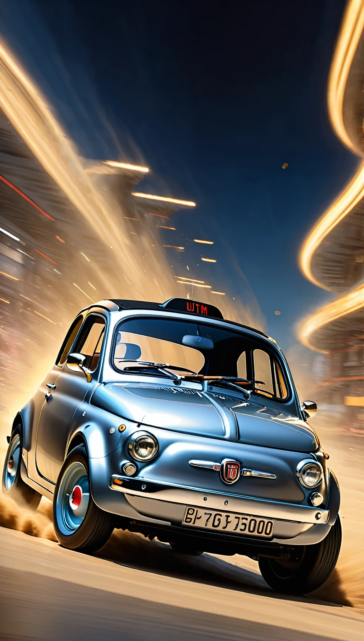 masterpiece,Highest quality,(Ultra Detailed CG Unity 8k Wallpaper),(Highest quality),(Best illustrations),(Best Shadow),Physical Rendering,Realistic lighting,Beautiful sparkle,Ultra-fine painting,Narrow your focus,(A time machine modified from a matte metallic silver Fiat 500:1.6),(Detailed depiction of a car-type time machine:1.3),(Cut through space-time at breakneck speed and transcend time:1.6),(Depicting a sense of speed:1.6),(The background depicts the effect of crossing time and space.:1.6),(dynamic),(Retro-future),(sf),(composed of elements of thunder,thunder,electricity)