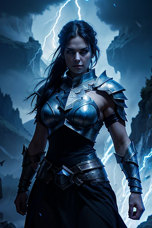 angry evil beautiful and muscular, Nordic female, towering storm Giantess with blue black hair in a ponytail, older and mature woman, throwing a lightning ball, glowing tattoos, wearing steel runic plate mail Armour , temple cave background with lightning storm, glowing blue eyes, square jaw, powerful and imposing, winter clothing