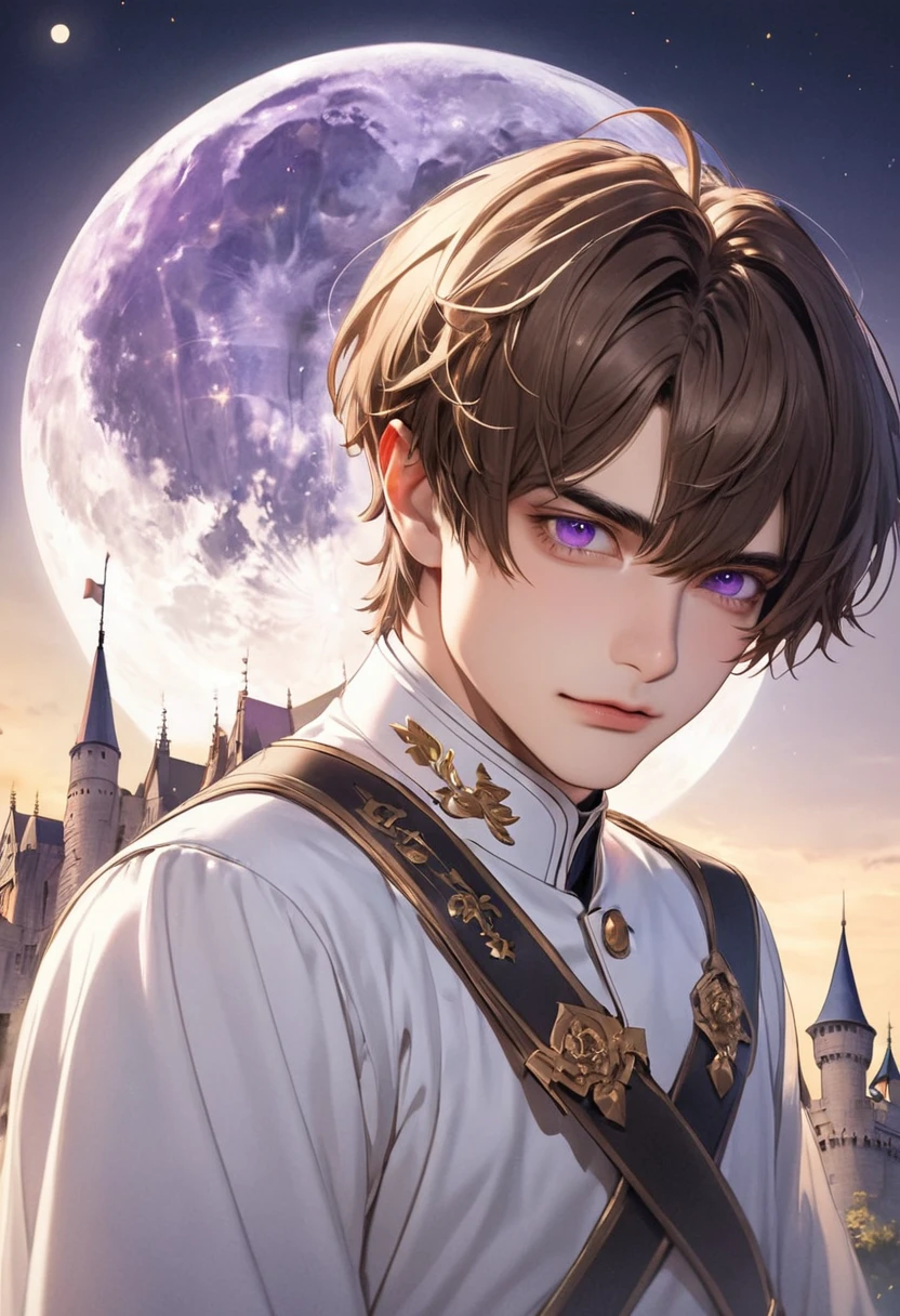1 male　Down Bangs　Brown hair and eyebrows　Purple Eyes　White uniform dress　Castle and full moon