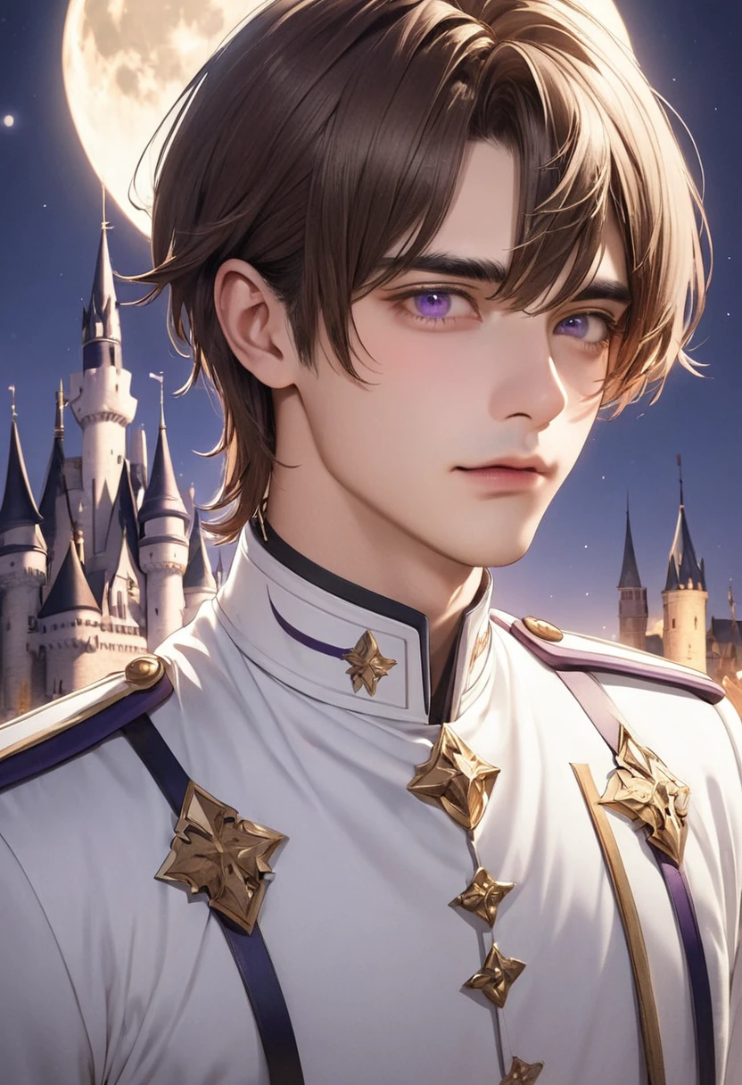 1 male　Down Bangs　Brown hair and eyebrows　Purple Eyes　White uniform dress　Castle and full moon