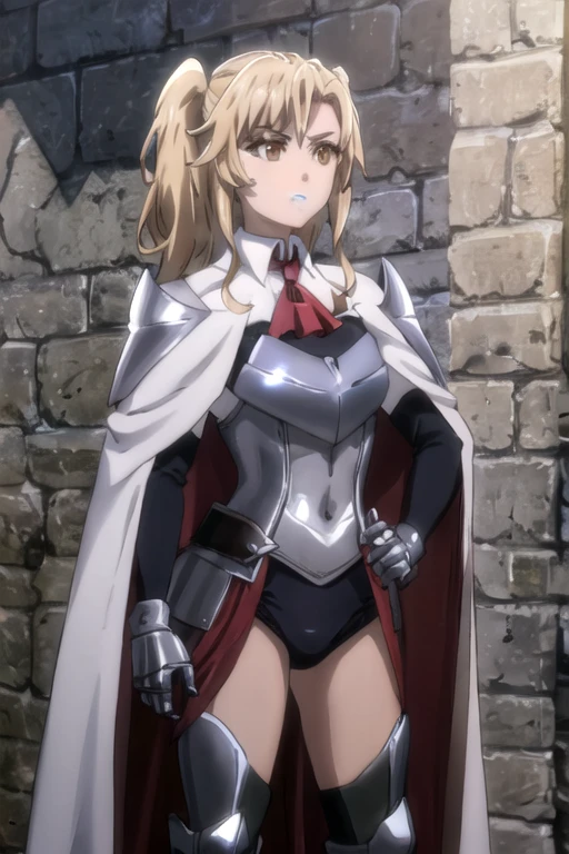 GoblinSlayer, NobleFencer, solo, girl1, long sleeves, brown eyes, cape, armor, shoulder armor, portrait, red ascot, standing, Best Quality, 