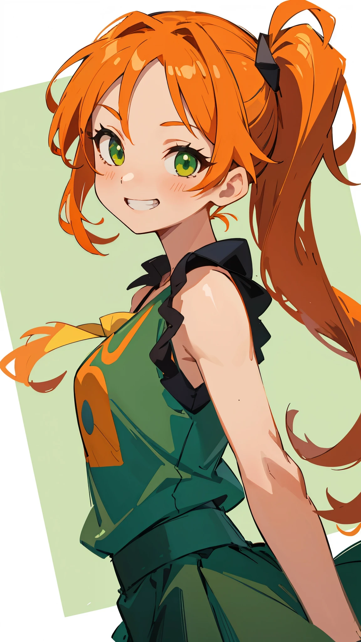 masterpiece、Highest quality、1 girl、anime painting、Orange Hair、Beautiful green eyes、Side Ponytail、Sleeveless shirt、Black Skirt、Upper body close-up、From the side、Grin、Cinema Lighting、Sharp contours