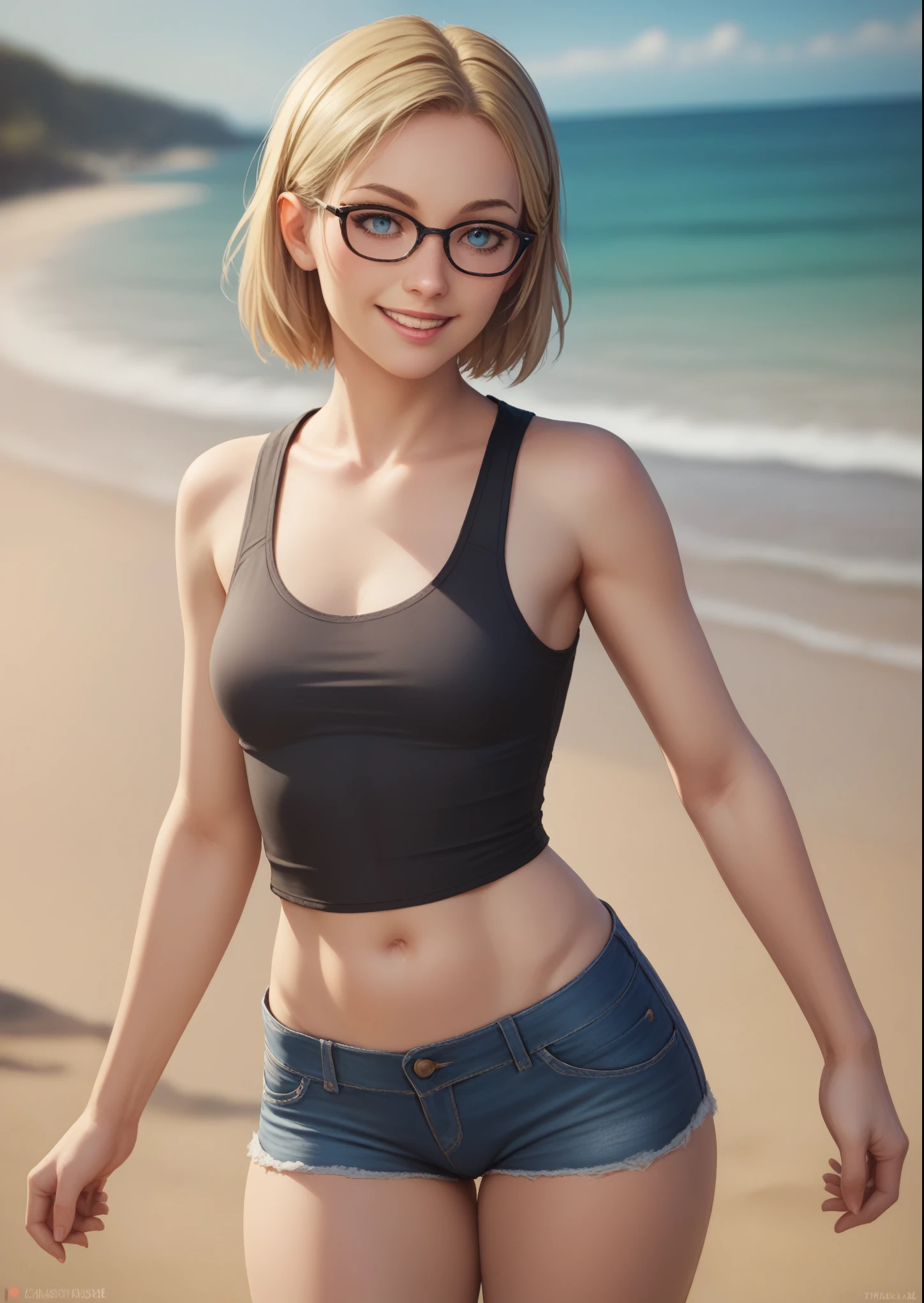 1girl, cassie_drake, short hair, blonde hair, blue eyes, glasses, small breasts, black tank top, denim shorts, short shorts, wide hips, smile, solo focus, cowboy shot, dynamic pose, beach, shore, lighting, shadows, blurry background, source_realistic, (score_9, core_8_up, score_7_up, score_6_up)