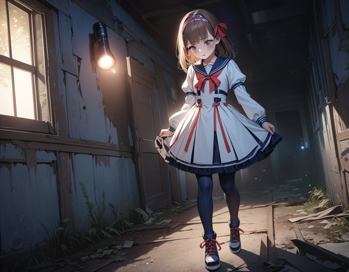 (Highest quality,4K,High resolution),Very detailed,Realistic, Japanese , Looks scared, Long brown hair,Mysterious, Ecomodernism, Bokeh, Ribbon Headband,Small breasts,futuristic sailor lolita dress,Puff sleeves,White and blue,Colorful lighting, Red ribbon, Dark blue pantyhose,sports boots, Have a flashlight, Walking alone through a haunted abandoned house, At night, Low light, darkness, Very detailed, 4K.