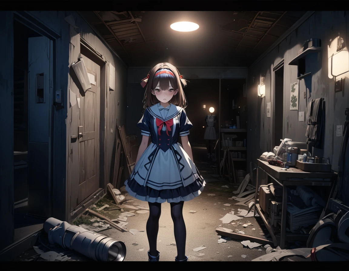 (Highest quality,4K,High resolution),Very detailed,Realistic, Japanese , Looks scared, Long brown hair,Mysterious, Ecomodernism, Bokeh, Ribbon Headband,Small breasts,futuristic sailor lolita dress,Puff sleeves,White and blue,Colorful lighting, Red ribbon, Dark blue pantyhose,sports boots, Have a flashlight, Walking alone through a haunted abandoned house, At night, Low light, darkness, Very detailed, 4K.