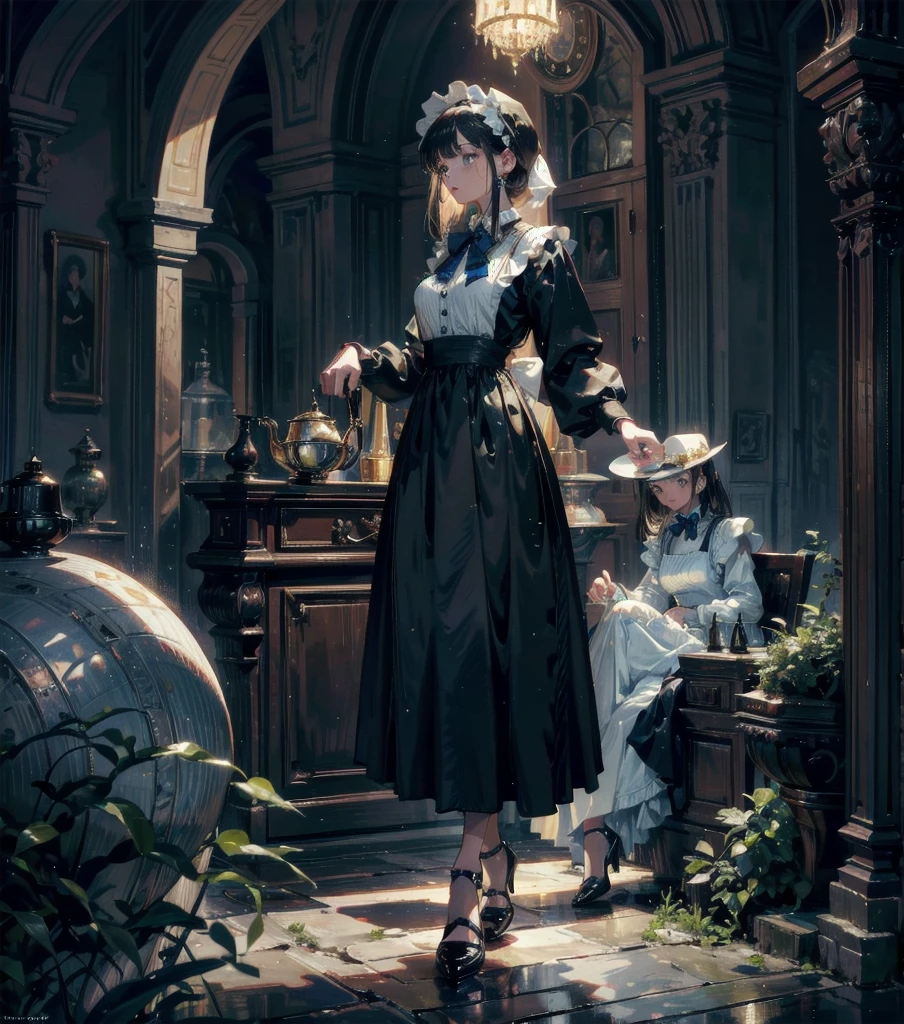 absurdres, RAW photo, extremely delicate and beautiful, masterpiece, Best Quality, ultra high resolution, 32k, hyperrealistic, ultra-detailed, Very detailed CG 8k wallpaper, detailed background, landscape, Beautiful Lighting, Perfect Lightning, Realistic Shadows, perfect anatomy, anatomically correct, perfect figure, Perfect Style, Perfect balance, super Detailed skin, in her 30s, very Slim body, narrow waist, very small head, very small face, delicate facial features, handsome detailed woman, very detailed eyes and face, realistic face proportions, Realistic beautiful face, Realistic beautiful eyes, tearful mole, earring, whole body shot, very huge round tits, medium hair, asymmetrical hair, outdoor, Beautuful Matured woman preparing tea_party in the garden, standing by the round table, dispensing a cup of tea, leaning forward, meisen's tea set, tea pot, tea cups, some cakes on dish, delicate and classy British style white table with gold accents and royal_blue, wearing light_brown maid uniform, maid costume, long flare skirts, apron, bow ties on the chest, long tall sally,