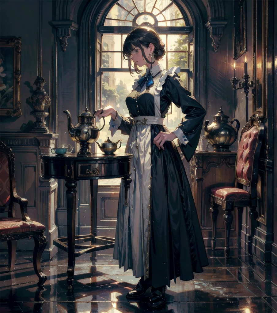 absurdres, RAW photo, extremely delicate and beautiful, masterpiece, Best Quality, ultra high resolution, 32k, hyperrealistic, ultra-detailed, Very detailed CG 8k wallpaper, detailed background, landscape, Beautiful Lighting, Perfect Lightning, Realistic Shadows, perfect anatomy, anatomically correct, perfect figure, Perfect Style, Perfect balance, super Detailed skin, in her 30s, very Slim body, narrow waist, very small head, very small face, delicate facial features, handsome detailed woman, very detailed eyes and face, realistic face proportions, Realistic beautiful face, Realistic beautiful eyes, tearful mole, earring, whole body shot, very huge round tits, medium hair, asymmetrical hair, outdoor, Beautuful Matured woman preparing tea_party in the garden, standing by the round table, dispensing a cup of tea, leaning forward, meisen's tea set, tea pot, tea cups, some cakes on dish, delicate and classy British style white table with gold accents and royal_blue, wearing light_brown maid uniform, maid costume, long flare skirts, apron, bow ties on the chest, long tall sally,
