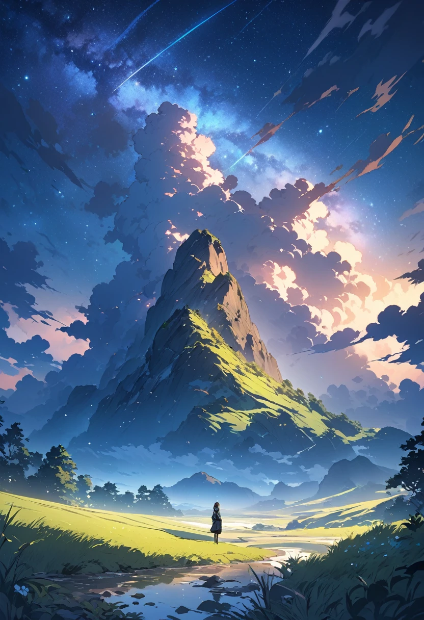 (Highest quality images, masterpiece), Detailed landscape, Quiet湖 (Against the backdrop of the gorgeous night sky),Color nuances,Quiet.